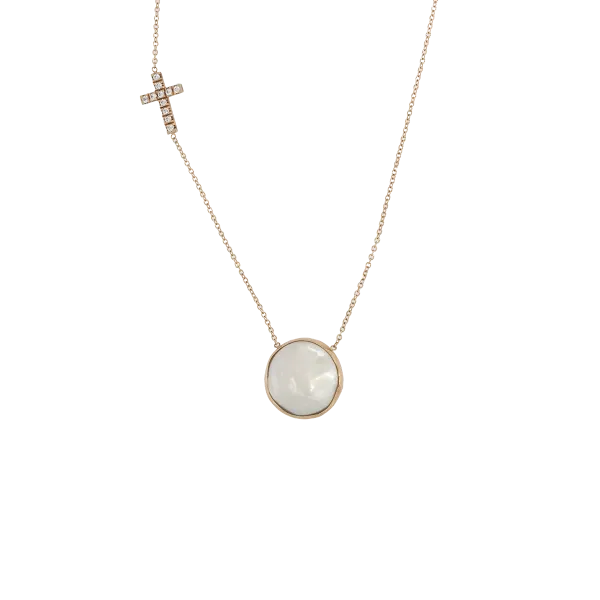 Γυναικείο ροζ χρυσό κολιέ 14 καρατίων με "mother of pearl" και σταυρό