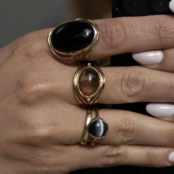 Χειροποήτο Δαχτυλίδι 14K με μαύρη πέτρα "Smoky Quartz"